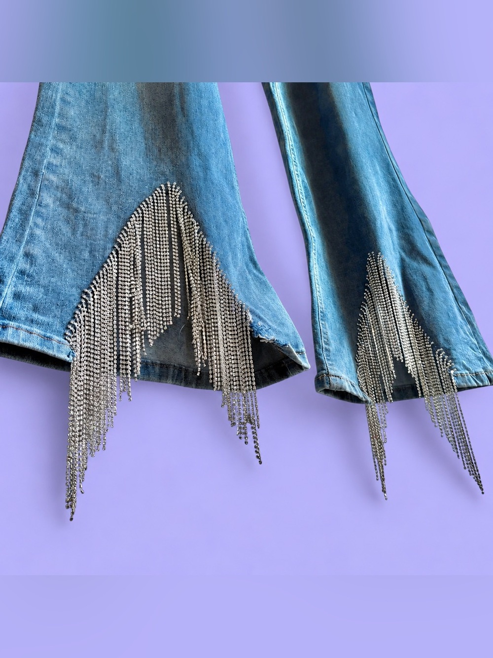 Embellished Blue Women's Jeans with Rhinestone Fringe